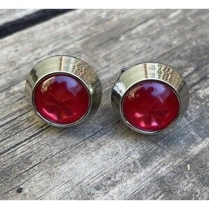 Red Domed Glass Cufflinks Star Swank Stone Gem Jewel Round Silver Tone 7/8”